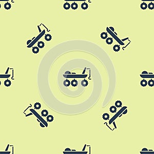 Blue Mars rover icon isolated seamless pattern on yellow background. Space rover. Moonwalker sign. Apparatus for