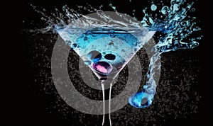 a blue martini with a splash of water on the rim