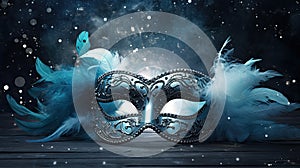 blue masquerade mask with fluffy white feathers and silver glitter.