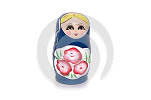 Blue matryoshkas russian wooden nesting doll. Isolated in white.