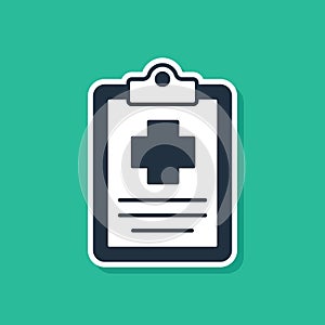 Blue Medical clipboard with clinical record icon isolated on green background. Prescription, medical check marks report