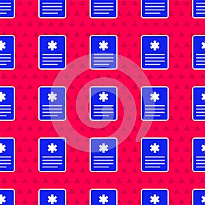Blue Medical clipboard with clinical record icon isolated seamless pattern on red background. Prescription, medical