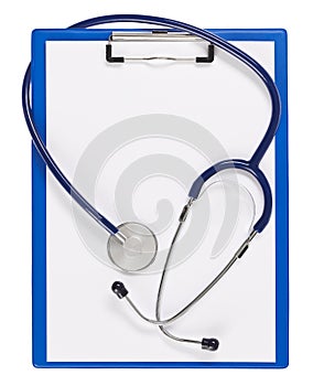 Blue medical clipboard with stethoscope