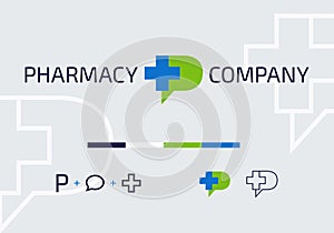 Blue Medical Cross Symbol with Green P Letter. Vector Template Logo Concept. Icon Design for Medical Media and Clinics