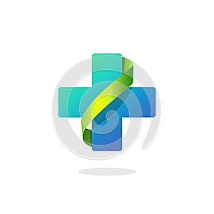 Blue medical cross vector logo, pharmacy symbol with green ribbon