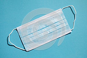 Blue medical face mask on blue background