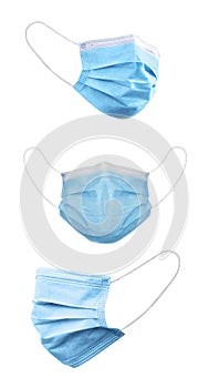 Blue medical face masks on background