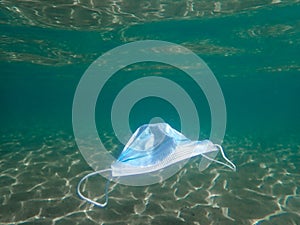A blue medical mask under the water, the concept of pollution due to the remnants of the Coronavirus pandemic, a medical mask.