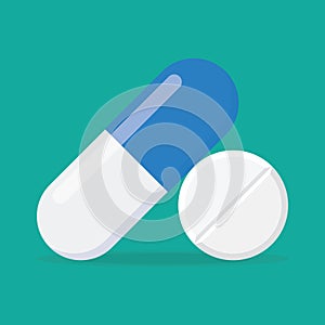 Blue Medical Pill and tablet, vector illustration Isolated on green Background. Design template of Pills, tablet.