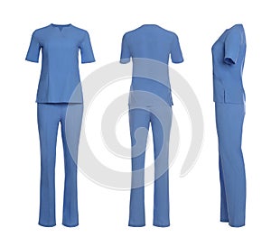 Blue medical uniform isolated on white, collage with back, side and front views