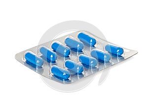 Blue medication capsules, pils