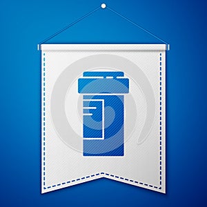 Blue Medicine bottle icon isolated on blue background. Bottle pill sign. Pharmacy design. White pennant template. Vector