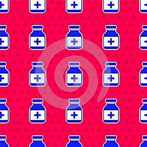 Blue Medicine bottle and pills icon isolated seamless pattern on red background. Bottle pill sign. Pharmacy design