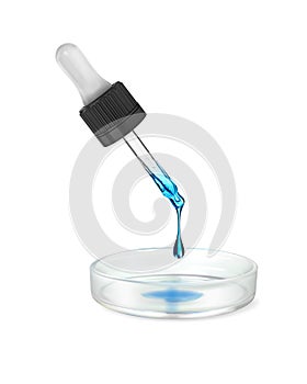 A blue medicine from a pipette drips into a saucer.