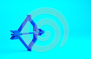 Blue Medieval bow and arrow icon isolated on blue background. Medieval weapon. Minimalism concept. 3d illustration 3D render