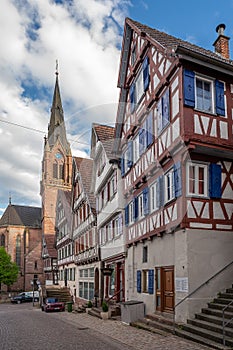 Blue medieval half timber house in old town