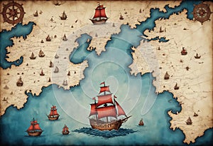 Blue medieval old nautical map background