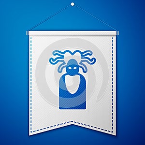 Blue Medusa Gorgon head with snakes greek icon isolated on blue background. White pennant template. Vector