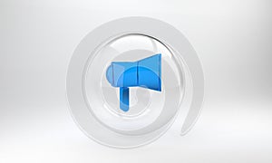 Blue Megaphone icon isolated on grey background. Speaker sign. Glass circle button. 3D render illustration