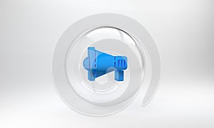 Blue Megaphone icon isolated on grey background. Speaker sign. Glass circle button. 3D render illustration