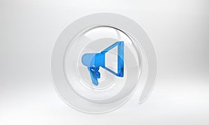 Blue Megaphone icon isolated on grey background. Speaker sign. Glass circle button. 3D render illustration