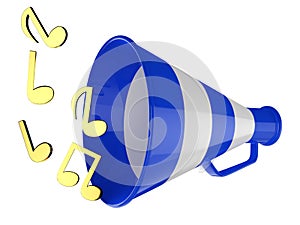 Blue megaphone with music notes isolated 3d illustration