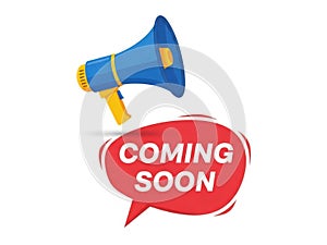 Blue megaphone with red speech bubble, coming soon - isolated on white background