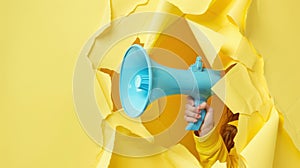 The blue megaphone and torn paper. AI generated