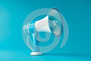 Blue megaphone on white background. Generative AI