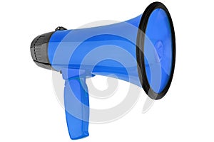 Blue megaphone on white background isolated closeup , hand loudspeaker design, loudhailer or speaking trumpet illustration photo