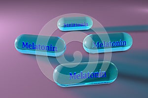 Blue melatonin capsules. Melatonin is a hormone that produces by pineal gland and regulates sleep and wakefulness. It