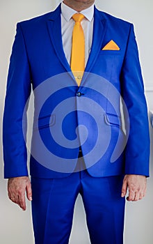 Blue men`s suit. Wedding costume for men. Wedding wear.