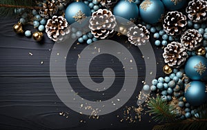 Blue Merry Christmas background with pine cones, twigs and shiny balls. Christmas celebrate greeting backdrop with free space for