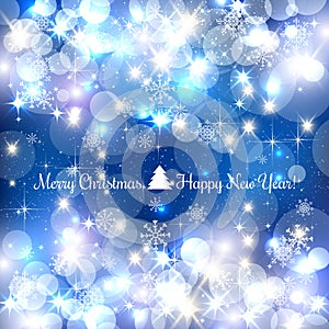 Blue Merry Christmas background with silver snowflakes, light, stars. Vector Illustration. Xmas