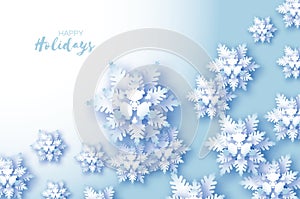 Blue Merry Christmas Greetings card. White Paper cut snow flake. Happy New Year Decoration. Winter snowflakes background