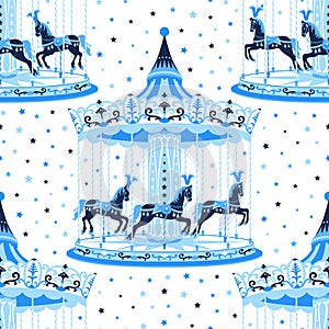 Blue merry-go-round seamless pattern.