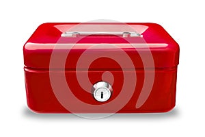 Blue metal cash box or  iron mini lock box with key  isolated on white background .clipping path included