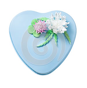 Blue metal decorated heart-shaped gift box isolated on white