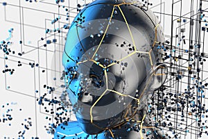 Blue metal human head with particles, 3d rendering