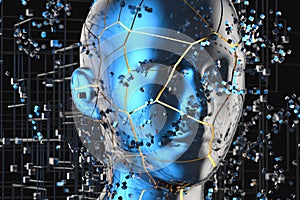 Blue metal human head with particles, 3d rendering