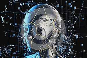 Blue metal human head with particles, 3d rendering