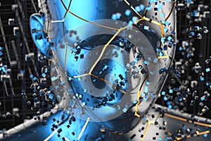 Blue metal human head with particles, 3d rendering