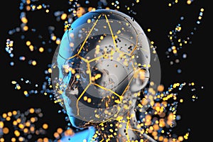 Blue metal human head with particles, 3d rendering