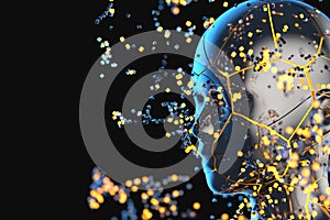 Blue metal human head with particles, 3d rendering