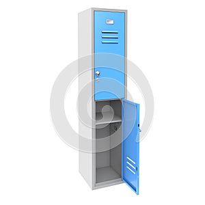 Blue metal locker. Two level compartment with open door. 3d rendering illustration
