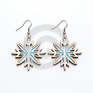 Blue Metal Snowflake Dangle Earrings With Wood Design