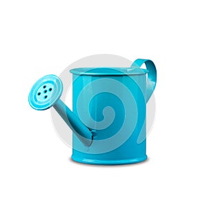 Blue metal watering can for flowers. Isolated on a white background. Design object.