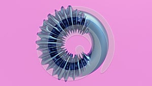 Blue metallic ring deforming. Pink background. Abstract illustration, 3d rendering.