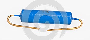 Blue metallized power electronic resistor with gilded terminal wires on white background