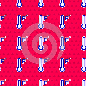 Blue Meteorology thermometer measuring heat and cold icon isolated seamless pattern on red background. Temperature
